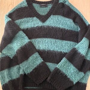 All Saints Black and Green V-Neck Sweater with Stripes
